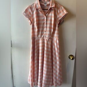 Unique Vintage Peach and White Checkered Button-Up Dress